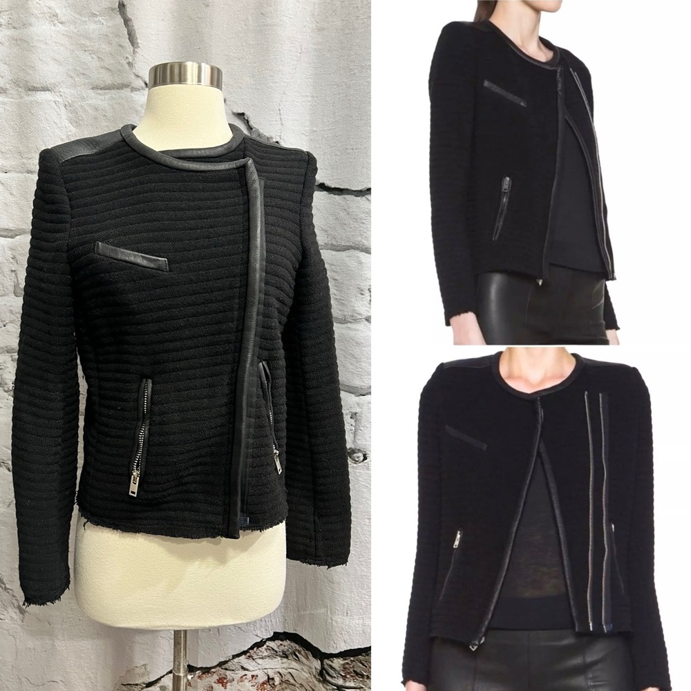 IRO Maiden Boucle‎ Knit Moto Jacket - Black Leather Trim Edgy Professional - Picture 2 of 12